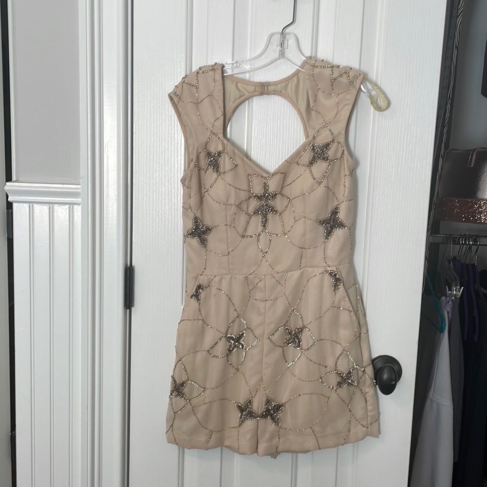 Shail K homecoming romper. Tan with sequins and open back design